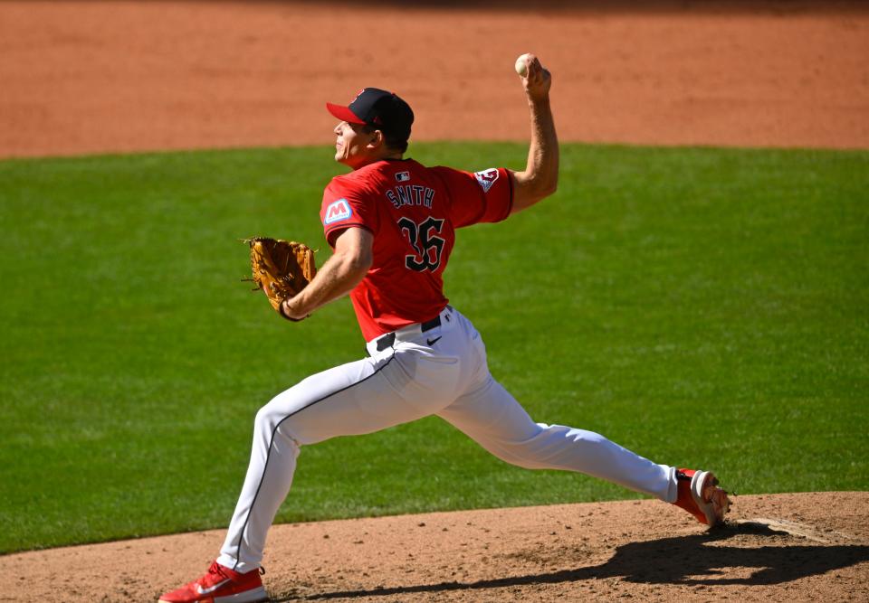 Guardians pitcher Cade Smith throws in the sixth against the Tigers in Game 1 of the ALDS, Oct. 5, 2024, in Cleveland.