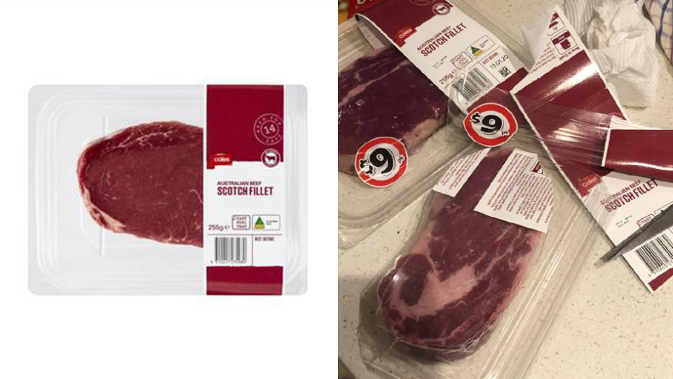 Coles scotch fillet steaks with their new packaging.