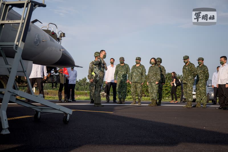 President Tsai Ing-wen attends a Taiwanese Air Force fighter jets take-off and landing drill, as part of the annual Han Kuang drill, in Pingtung