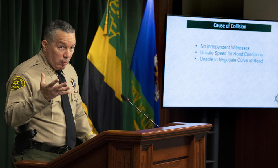 LOS ANGELES, CA - APRIL 07: Los Angeles County Sheriff Alex Villanueva gives reporters an update on the investigation into the crash that seriously injured pro golfer Tiger Woods, during a press conference at the Hall of Justice on Wednesday, April 7, 2021 in Los Angeles, CA. (Brian van der Brug / Los Angeles Times via Getty Images)