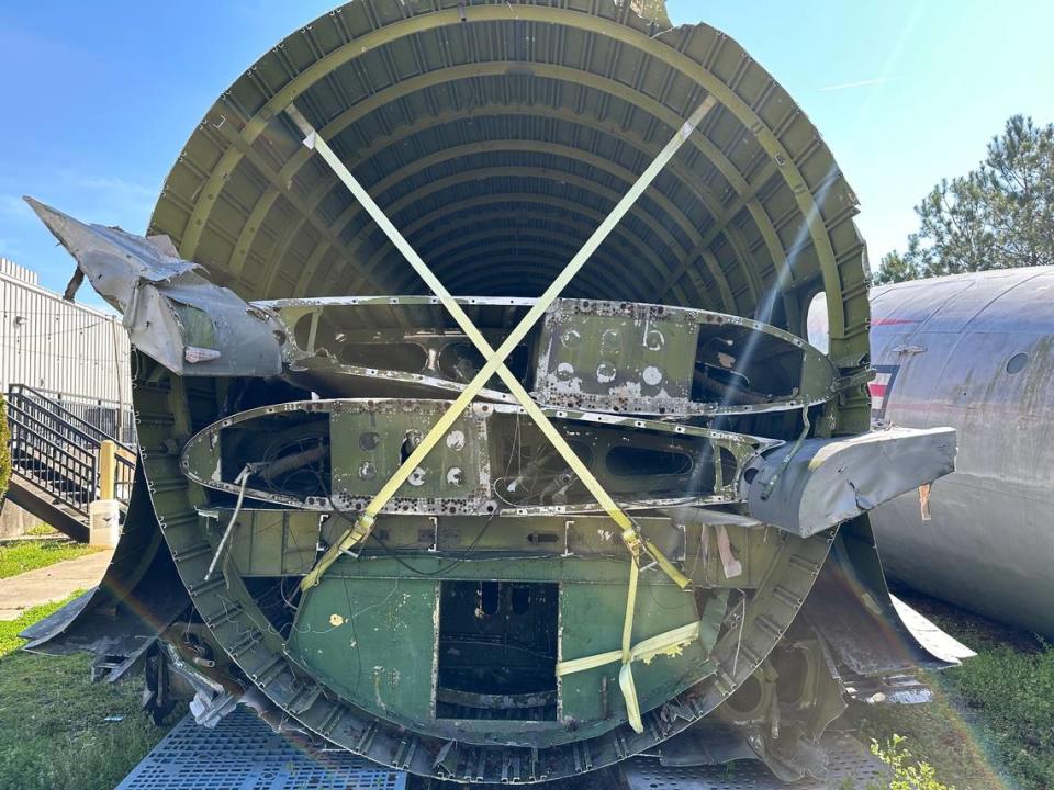 The tail fins and parts of the wings rest inside the fuselage of the C-54 at Aviator Brewing Company. The wings and fins has to be cut from the plane so it could be shipped from South Carolina to Fuquay-Varina.