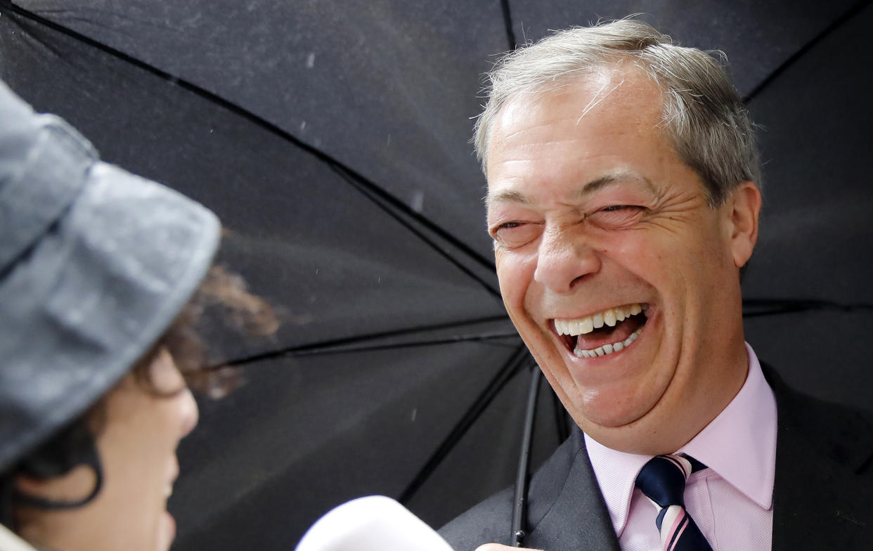 Brexit Party leader Nigel Farage talks to members of the media after delivering a letter addressed to Britain's Prime Minister Theresa May, outside 10 Downing Street in central London on June 7, 2019. - Anti-EU populist Nigel Farage's new Brexit Party failed in its bid to win its first seat in Britain's parliament, checking its momentum and raising questions about its ability to compete in Westminster. The by-election in the eastern English city of Peterborough on Thursday was triggered after the sitting MP, Fiona Onasanya, was dumped by voters after being jailed for lying over a speeding offence. (Photo by Tolga AKMEN / AFP)        (Photo credit should read TOLGA AKMEN/AFP/Getty Images)