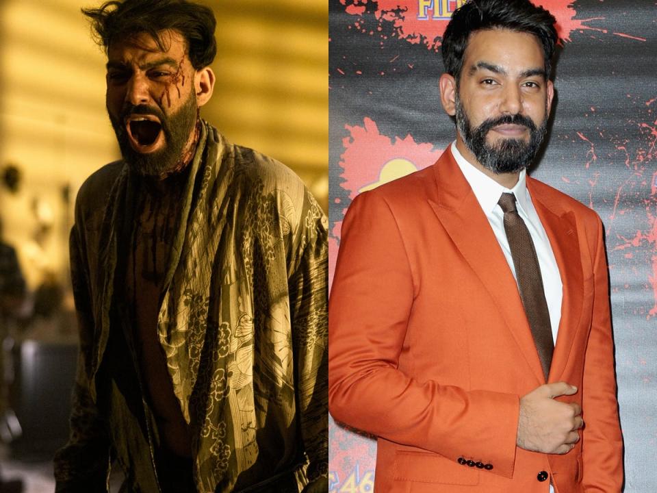 A side-by-side image of Rahul Kohli as Napoleon Usher on Netflix's "The Fall of the House of Usher," and in 2021. 