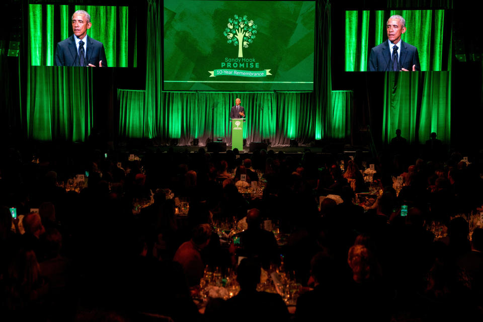 Former President Barack Obama speaks at a Sandy Hook Promise gala.