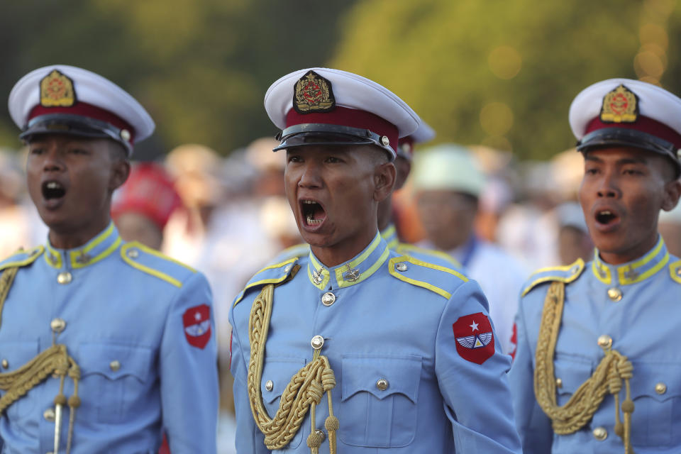 High-ranking soldiers shout commands during a ceremony marking Myanmar's 76th anniversary of Independence Day in Naypyitaw, Myanmar, Thursday, Jan. 4, 2024. (AP Photo/Aung Shine Oo)