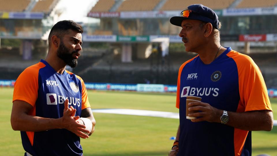 <div class="paragraphs"><p>Virat Kohli and Ravi Shastri in conversation during a training session.</p></div>