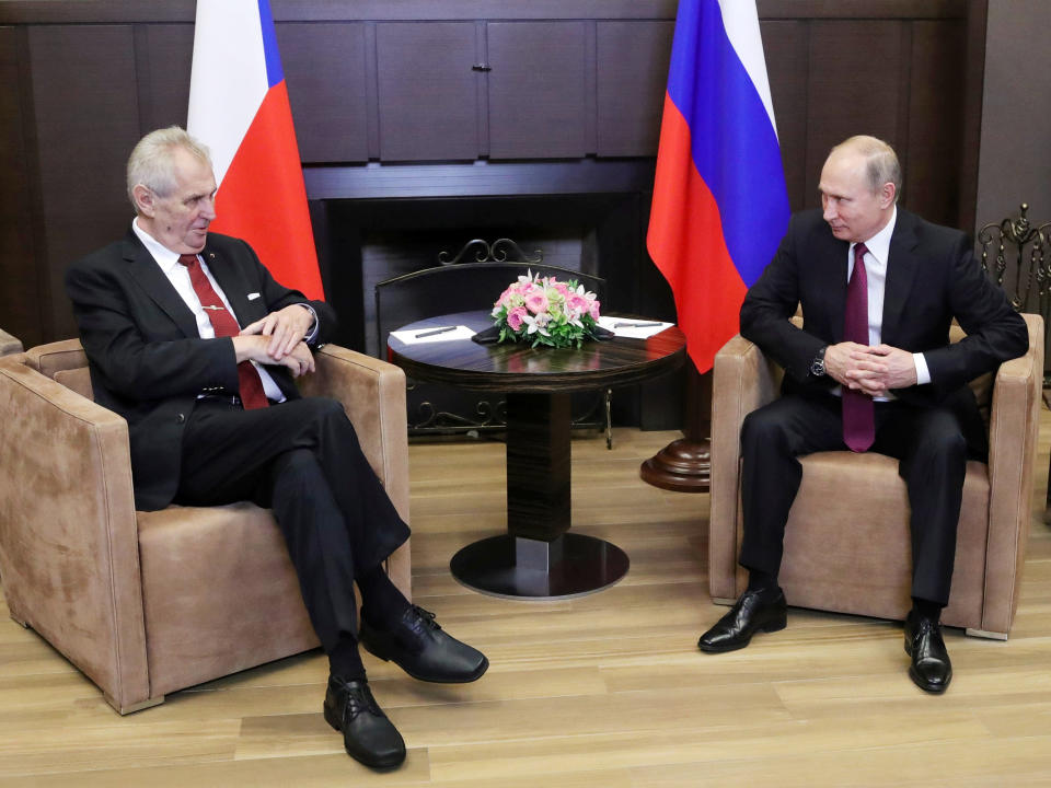 FILE - In this Tuesday, Nov. 21, 2017, Russian President Vladimir Putin, right, talks with Czech Republic President Milos Zeman during their meeting in the Bocharov Ruchei residence in the Black Sea resort of Sochi, Russia. Wednesday, March 8, 2023 marks the final day in office of outgoing Czech President Milos Zeman, with his opponents planning to celebrate. Zeman has polarized the Czechs during his two five-year terms in the normally largely ceremonial post with his support for closer ties with China and by being a leading pro-Russian voice in European Union politics. (Mikhail Klimentyev, Kremlin Pool Photo via AP, File)