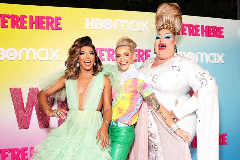 <p>Shangela, Frankie Grande and Eureka O'Hara celebrate the season premiere of HBO Max's <em>We're Here</em> in Los Angeles on Oct. 8. </p>