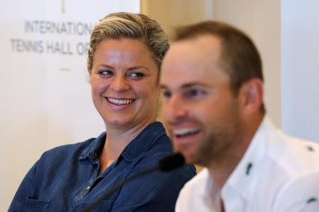 Kim Clijsters of Belgium (L) and Andy Roddick of the U.S. speak to reporters before being inducted into the International Tennis Hall of Fame in Newport, Rhode Island, U.S., July 22, 2017. REUTERS/Brian Snyder