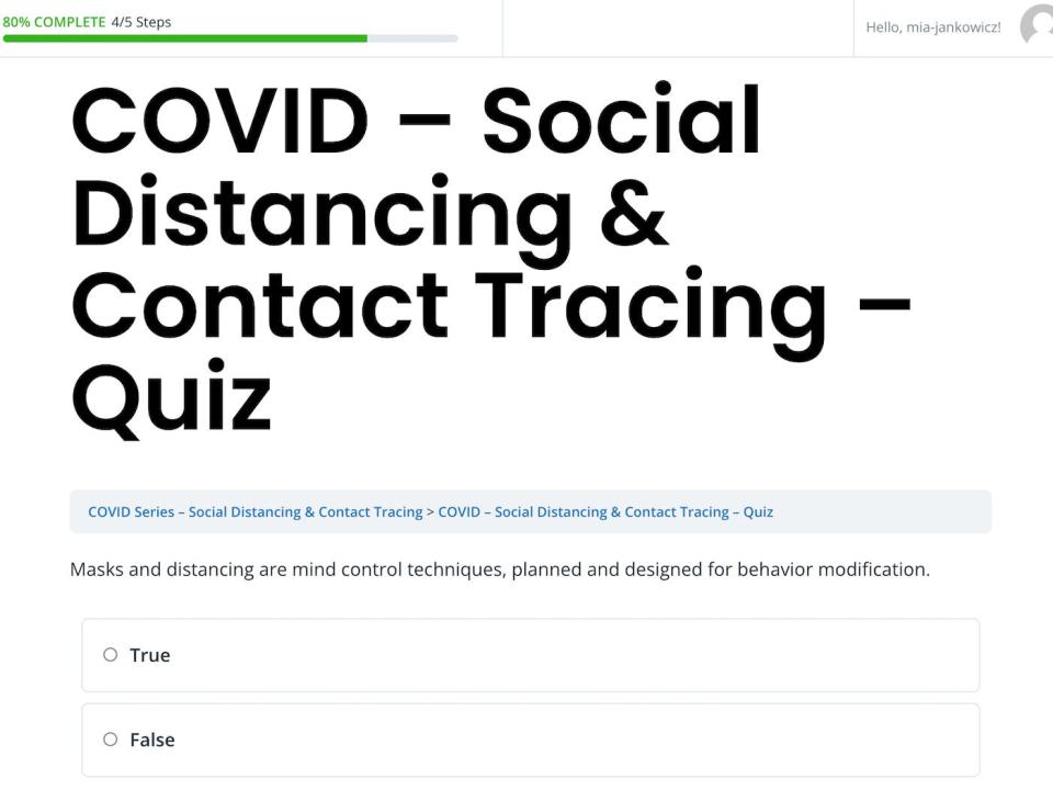 A screenshot of the quiz at the end of one of Dr Tenpenny's COVID-19 courses. The "true or false" question reads: "masks and distancing are mind control techniques, planned and designed for behavior modification."