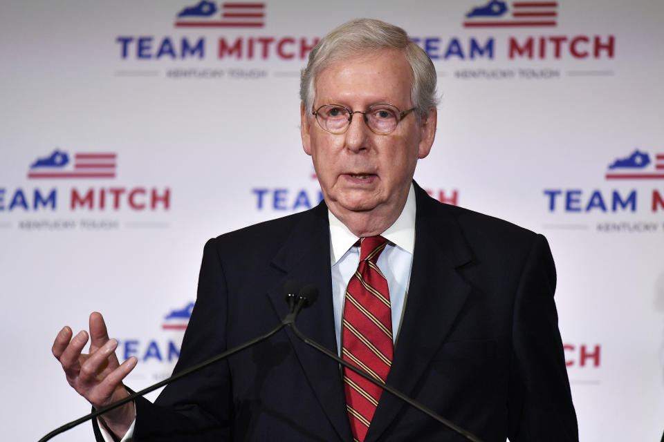 Senate Majority Leader Mitch McConnell, R-Ky., speaks with reporters during a press conference in Louisville, Ky., Wednesday, Nov. 4, 2020. McConnell secured a seventh term in Kentucky, fending off Democrat Amy McGrath, a former fighter pilot in a costly campaign. (AP Photo/Timothy D. Easley)