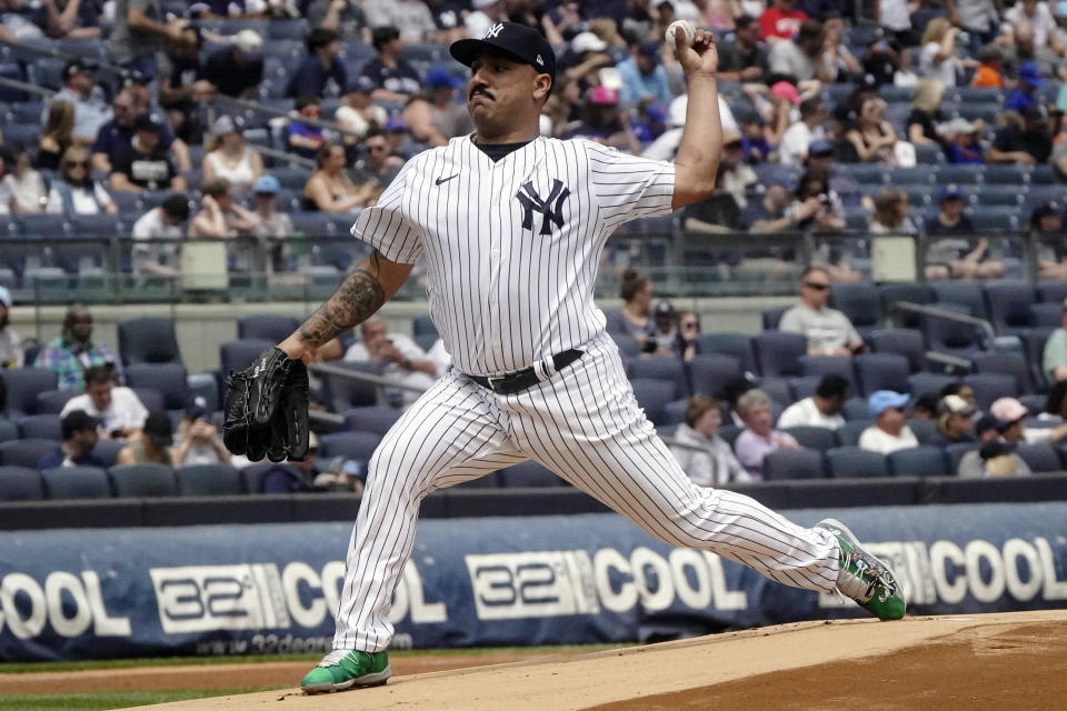 New York Yankees' Nestor Cortes pitches during second inning of a baseball game against Tampa Bay Rays, Saturday, May 13, 2023, in New York. (AP Photo/Bebeto Matthews)