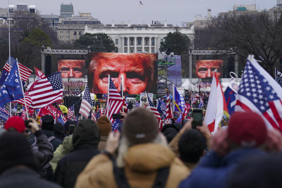 FILE - Supporters of President Donald Trump participate in a rally in Washington, Jan. 6, 2021. Most Republican candidates running for state legislature this year in Virginia are centering their pitches to voters on issues such as education, the cost of living and gun rights. But among a segment of contenders, former President Donald Trump’s false claims of a rigged 2020 election have become an important campaign selling point ahead of Tuesday’s primary. (AP Photo/John Minchillo, File)