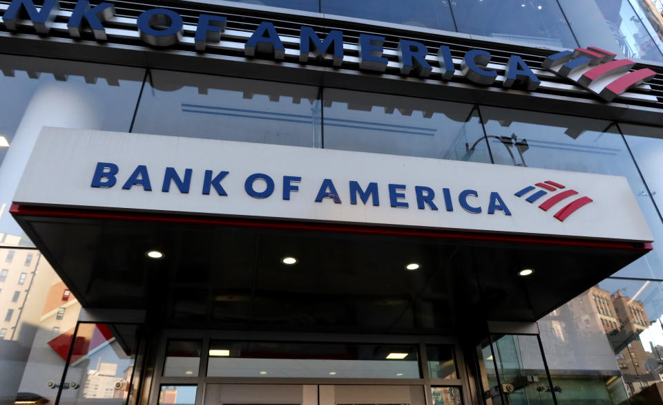 NEW YORK, NY - JUNE 25: A Bank of America corporate logo hangs above the entrance to a bank branch on Amsterdam Avenue on June 25, 2024, in New York City.  (Photo by Gary Hershorn/Getty Images)