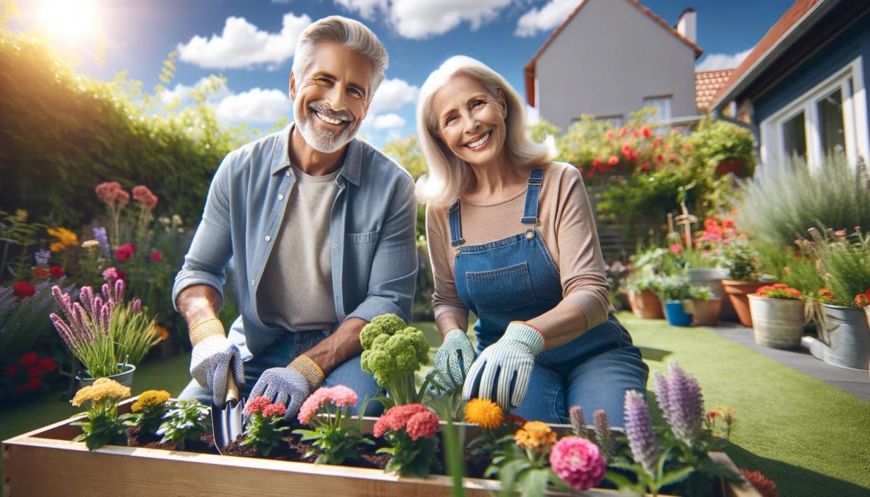 Retired senior couple gardening and enjoying retirement