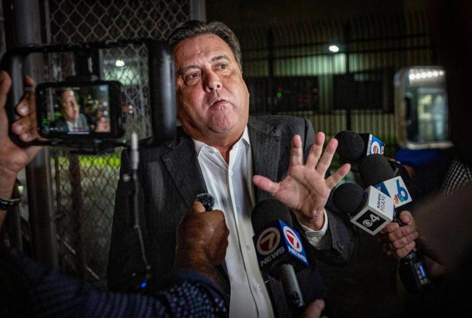 Miami, Florida, September 14, 2023 - A defiant Miami City Commissioner, Alex Diaz De La Portilla speaks to reporters after he was let out of TKG following his arrest.