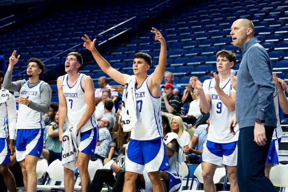 New Kentucky basketball players, from left, Koby Brea, Andrew Carr, Kerr Kriisa and Trent Noah all join Mark Pope’s first Wildcats team with reputations as accomplished 3-point shooters.