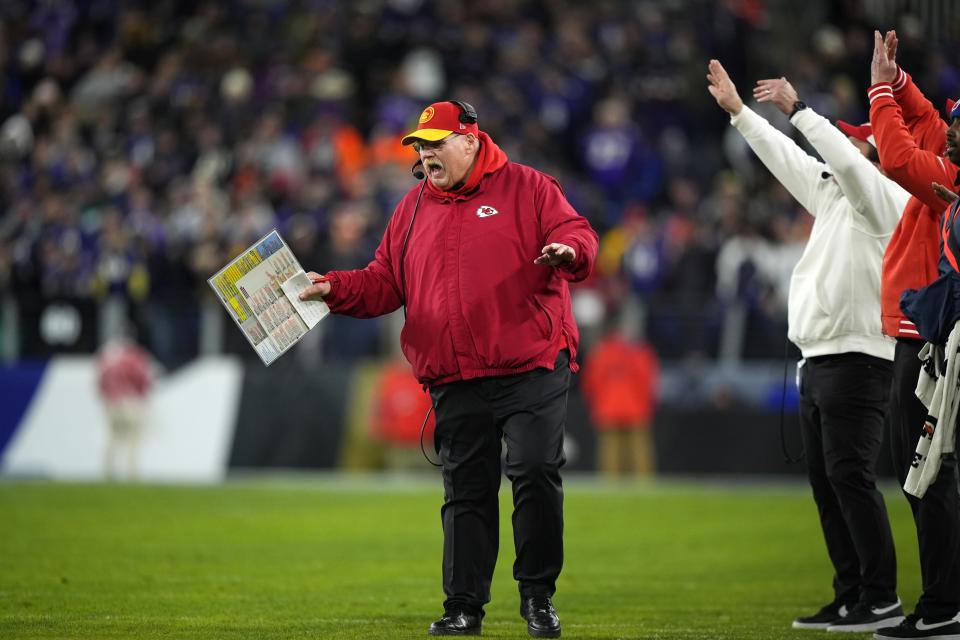Kansas City Chiefs head coach Andy Reid gestures during the second half of the AFC Championship NFL football game against the Baltimore Ravens, Sunday, Jan. 28, 2024, in Baltimore. (AP Photo/Matt Slocum)