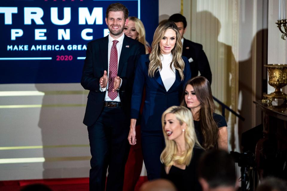 Ivanka Trump, Kimberly Guilfoyle, Lara Trump, and Eric Trump arrive to hear President Donald J. Trump speak during an election night event in the East Room at the White House early in the morning on Wednesday, Nov 04