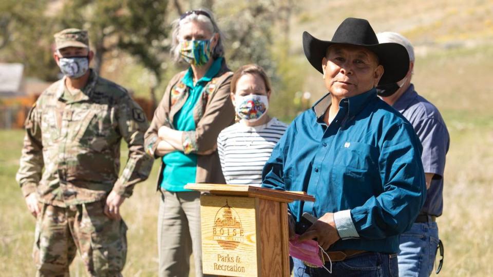 The Shoshone-Paiute Tribes have asked Idaho Gov. Brad Little and Interior Secretary Deb Haaland to reject the Shoshone-Bannock Tribes’ proposal for a casino in Mountain Home. Sho-Pai Council Member Brian Thomas speaks at an Earth Day event in 2021 in Boise.