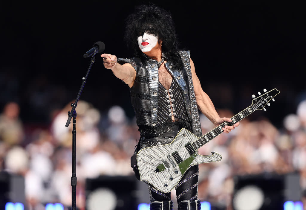  A picture of Paul Stanley performing live with Kiss in 2023. 