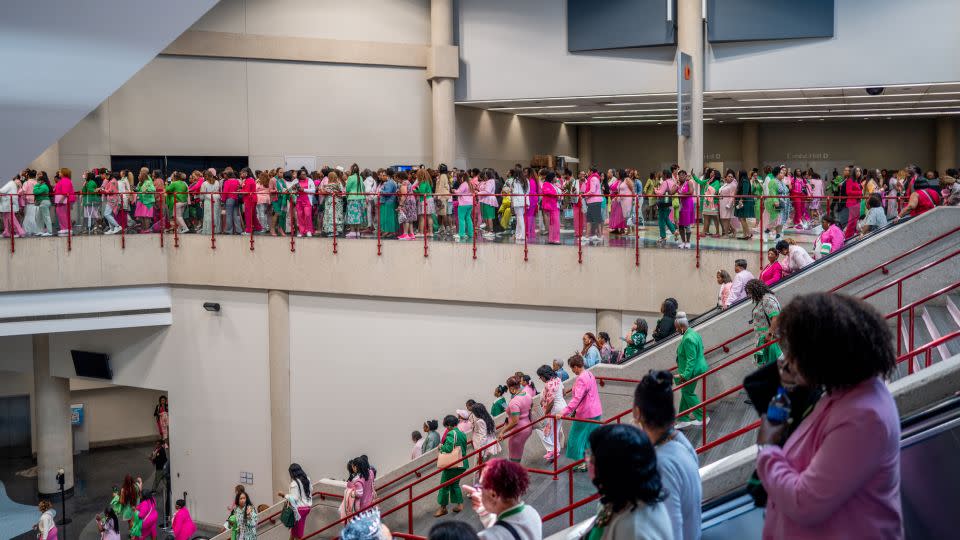 Harris recently spoke at Alpha Kappa Alpha's Boule, or national convention, in Dallas to shore up support for the Democratic presidential campaign ahead of the 2024 election. - Brandon Bell/Getty Images