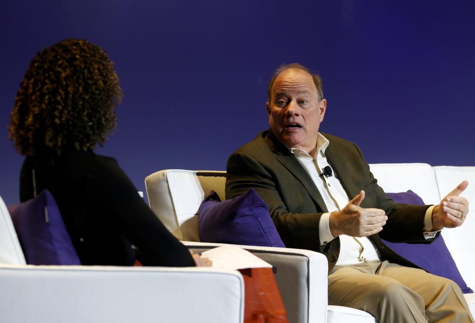 Detroit Mayor Mike Duggan talks with Detroit CBS anchor Shaina Humphries at the Detroit Policy Conference at Sound Board at the Motor City Casino and Hotel in Detroit on Thursday, Jan. 11, 2024. Duggan talked about several items including Detroit's population growth and how to make it grow even more in the future.