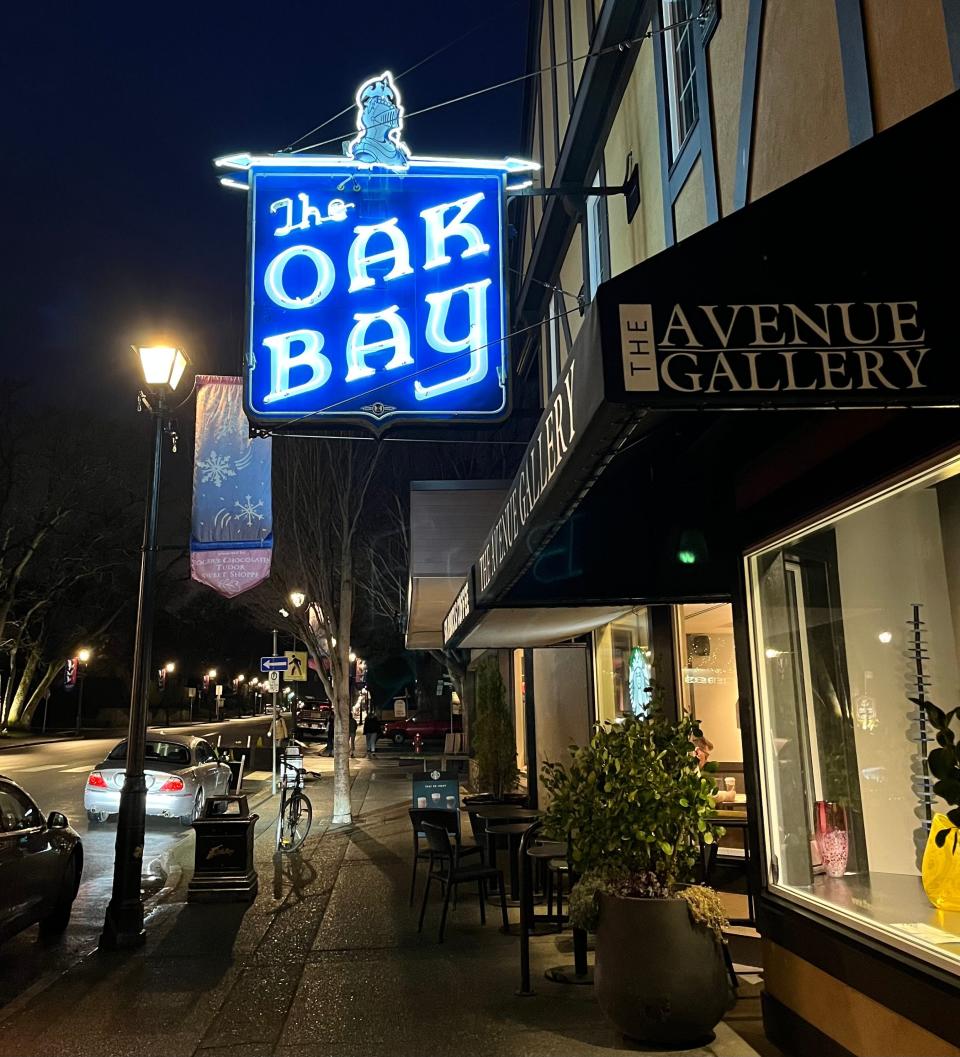 shot of the small shops, art galleries, and the oak bay in oak bay village in victoria canada