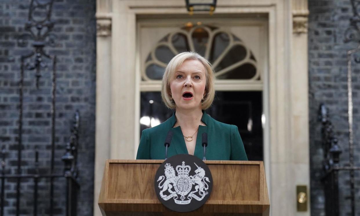 <span>Liz Truss making her resignation speech outside 10 Downing Street after spending just 49 days in power.</span><span>Photograph: Stefan Rousseau/PA</span>