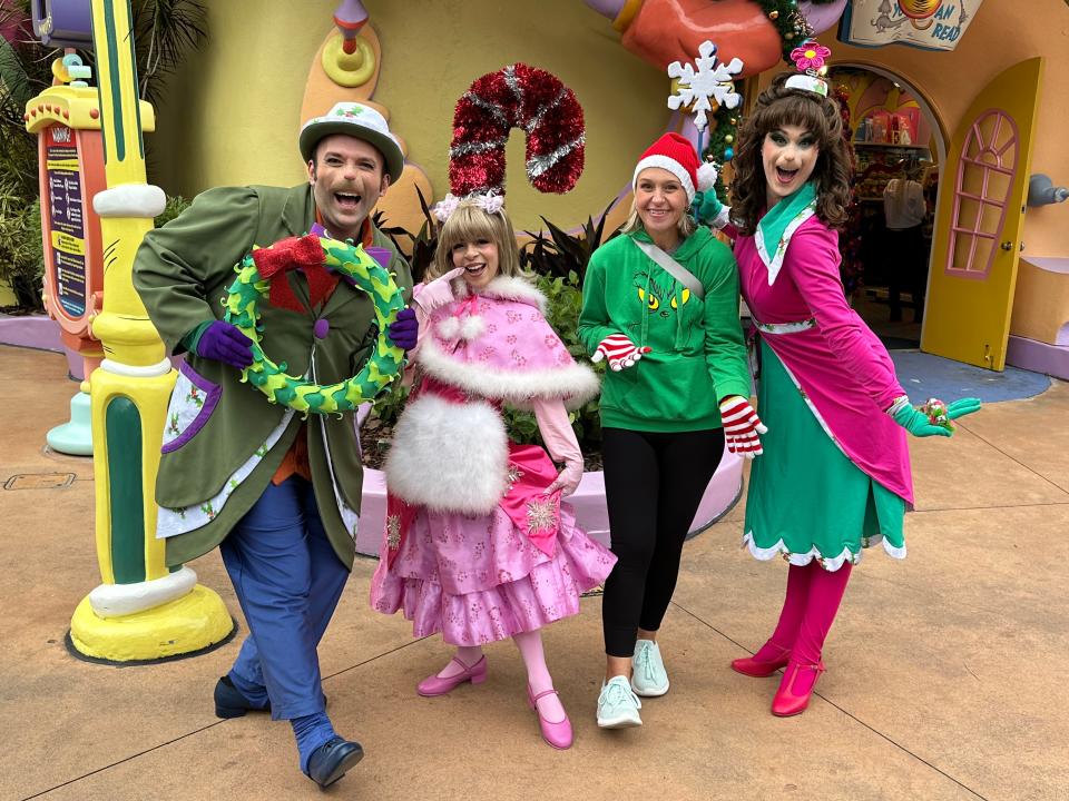 The author Terri Peters with Whoville characters in costume at Universal Studios