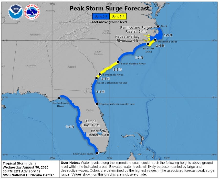 map shows storm surge from tropical storm idalia forecast across florida gulf coast and east coast georgia carolinas