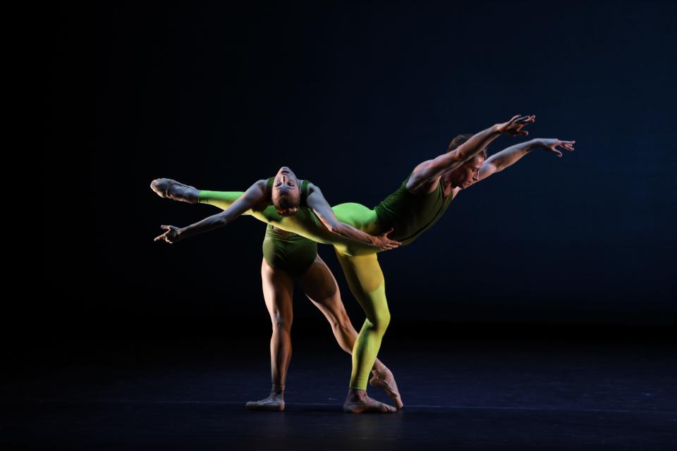 Jennifer Hackbarth, left, and Daniel Pratt in a scene from the world premiere of Gemma Bond’s “Panaromic Score” by The Sarasota Ballet.