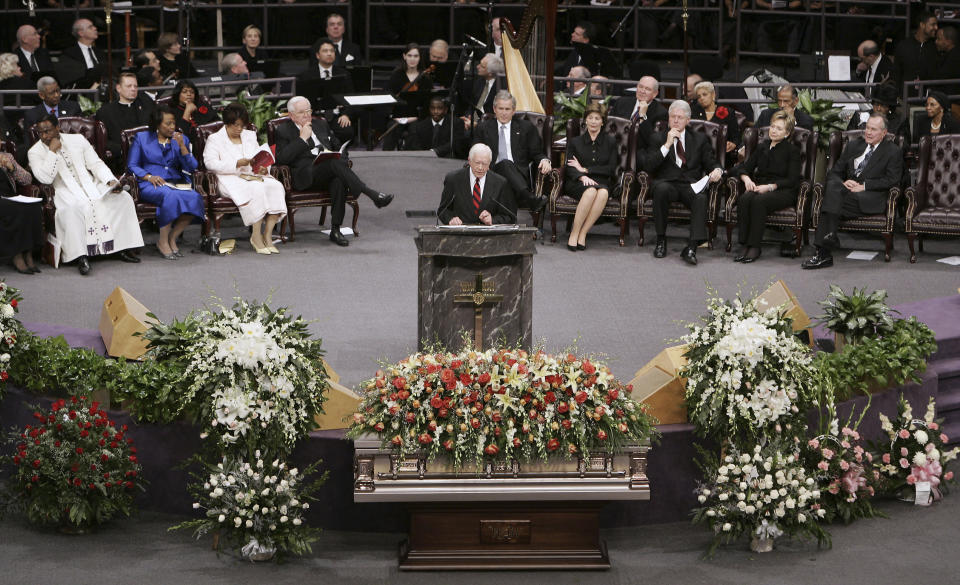 FILE - Former President Jimmy Carter addresses the Coretta Scott King funeral ceremony at the New Birth Missionary Baptist Church in Lithonia, Ga., Tuesday, Feb. 7, 2006. (AP Photo/ Jason Reed, Pool, File)