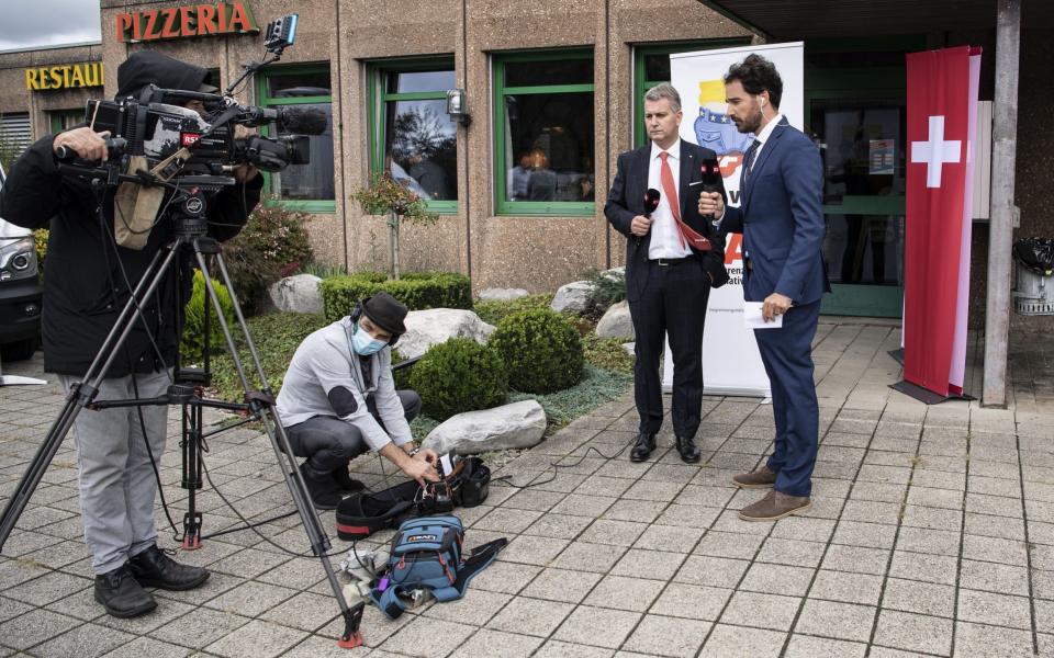 Marco Chiesa, SSVP President, speaks to journalists in Rothrist - PETER SCHNEIDER/EPA-EFE/Shutterstock /Shutterstock