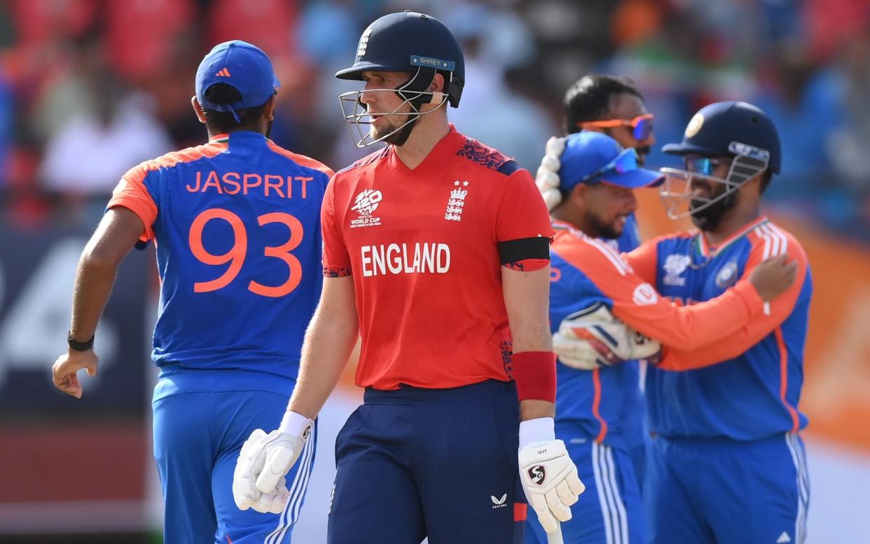 Liam Livingstone of England reacts as he walks off after being run out during the ICC Men's T20 Cricket World Cup West Indies & USA 2024 Semi-Final match between India and England at Providence Stadium on June 27, 2024 in Georgetown, Guyana