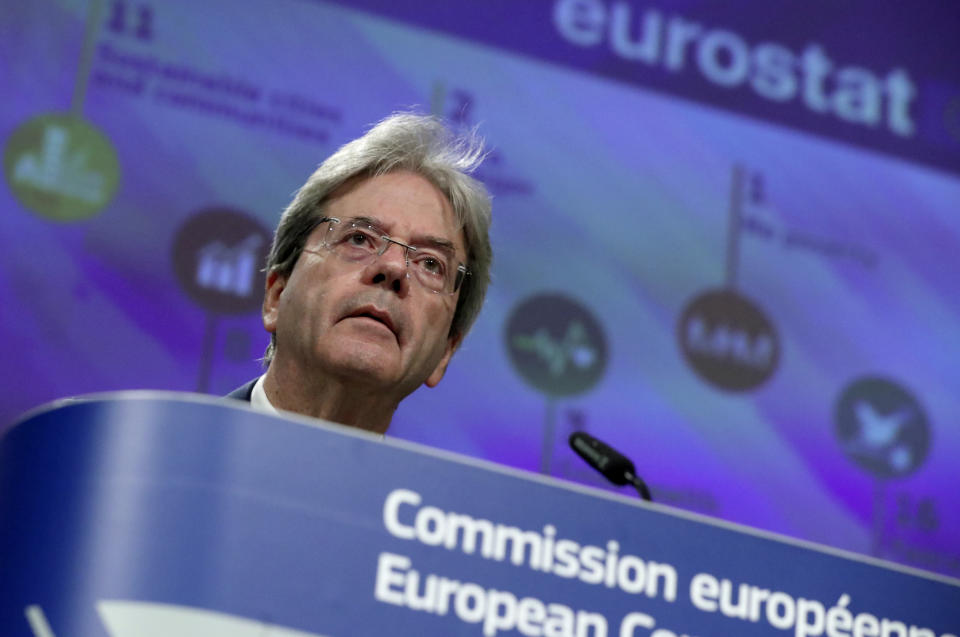European Commissioner for the Economy Paolo Gentiloni speaks during a media conference on the 2020 Eurostat report, progress toward sustainable development goals in the EU, at EU headquarters in Brussels, Monday, June 22, 2020. (Yves Herman, Pool Photo via AP)
