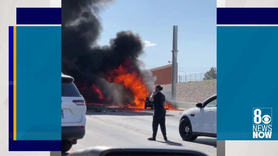 <em>Two people died after a wrong-way crash in the northwest Las Vegas area Thursday afternoon, according to police. The crash occurred just after 4 p.m. on westbound 215, west of Jones Boulevard. (Victoria Hoang)</em>