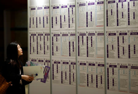 A woman looks at recruiting information during a job fair in Seoul, South Korea, April 12, 2017. REUTERS/Kim Hong-Ji/Files
