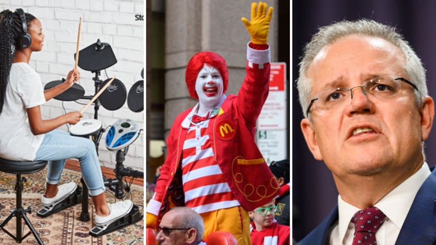 Aldi's drum kit on the left, Ronald McDonald in the centre, and Scott Morrison on the right.