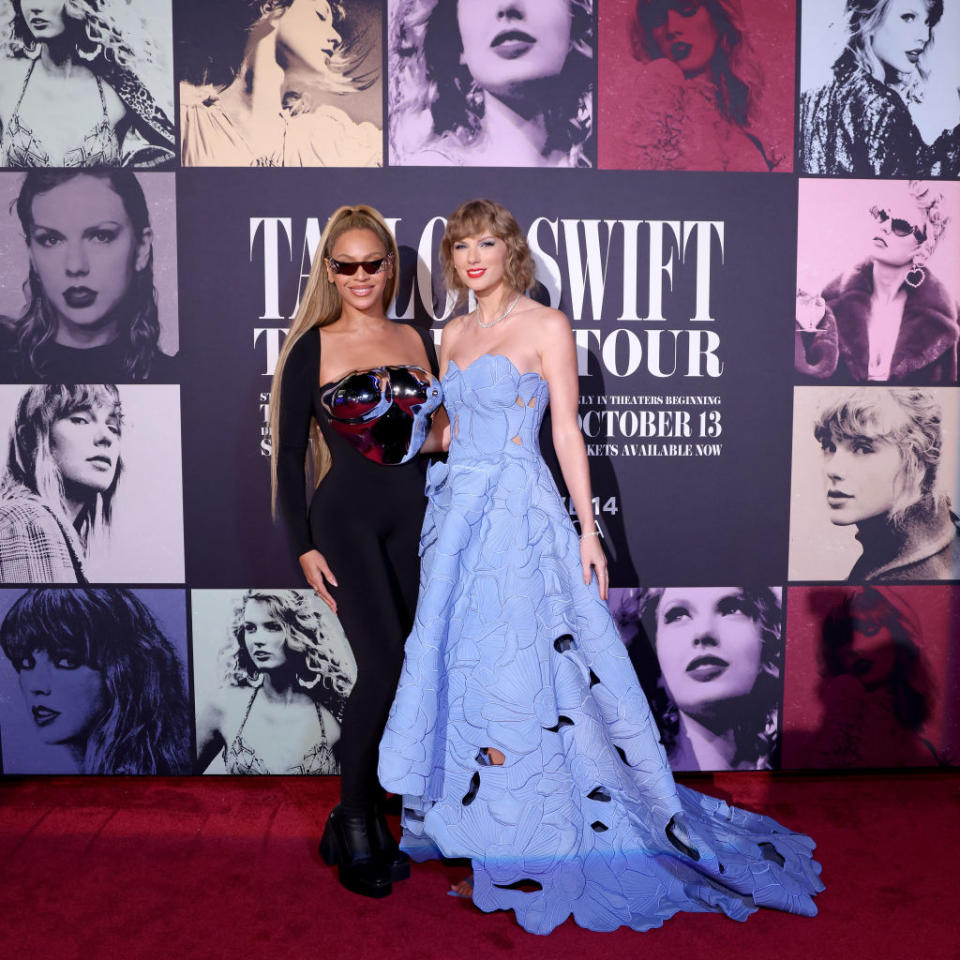 (L-R) Beyoncé Knowles-Carter and Taylor Swift at the "Taylor Swift: The Eras Tour" concert movie world premiere on Oct. 11 in Los Angeles.