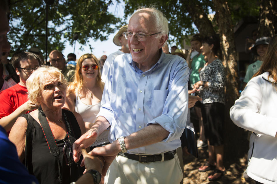 <p>Sen. Bernie Sanders (I-Vt.)&nbsp;greets supporters after giving a speech.</p>