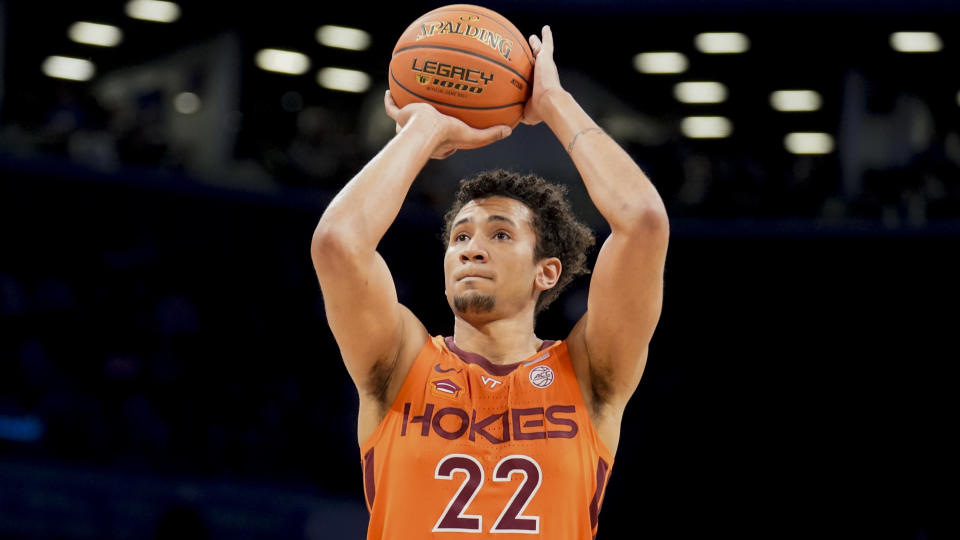 Virginia Tech's Keve Aluma (22) takes a foul shot in the first half of an NCAA college basketball championship game against Duke of the Atlantic Coast Conference men's tournament, Saturday, March 12, 2022, in New York. (AP Photo/John Minchillo)