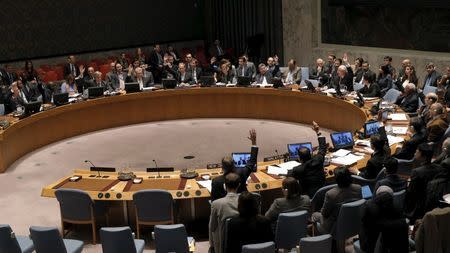 The United Nations Security Council votes to approve a resolution endorsing the planned halt in fighting in Syria at the United Nations Headquarters in New York February 26, 2016. REUTERS/Brendan McDermid