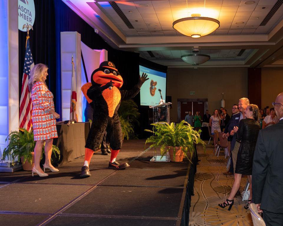 The Baltimore Orioles mascot pays a visit at the Greater Sarasota Chamber of Commerce's Small Business Awards on June 17.