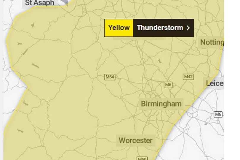 A yellow thunderstorm warning map from the Met Office shows a swathe of the country is set to be hit by storms and potential heavy downpours