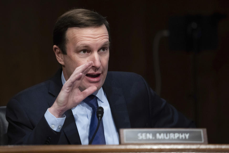 Sen. Chris Murphy, D-Conn., speaks during a Senate Health, Education, Labor and Pensions Committee hearing on the nomination Boston Mayor Marty Walsh to be labor secretary on Capitol Hill, Thursday, Feb. 4, 2021. (Graeme Jennings/Pool via AP)