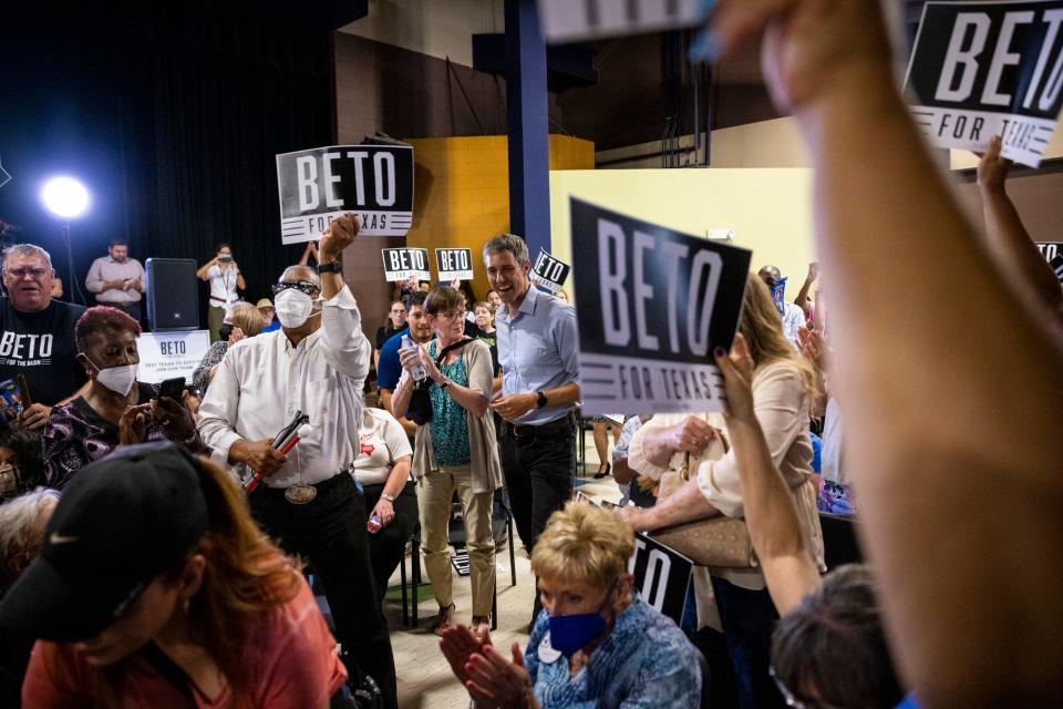 Beto O'Rourke interacts with supporters after being introduced during the third stop of his “Drive for Texas” campaign tour at a community center in Midland, Texas, Wednesday, July 20, 2022. He is seeking to defeat incumbent Gov. Greg Abbott in the Nov. 8 general election.