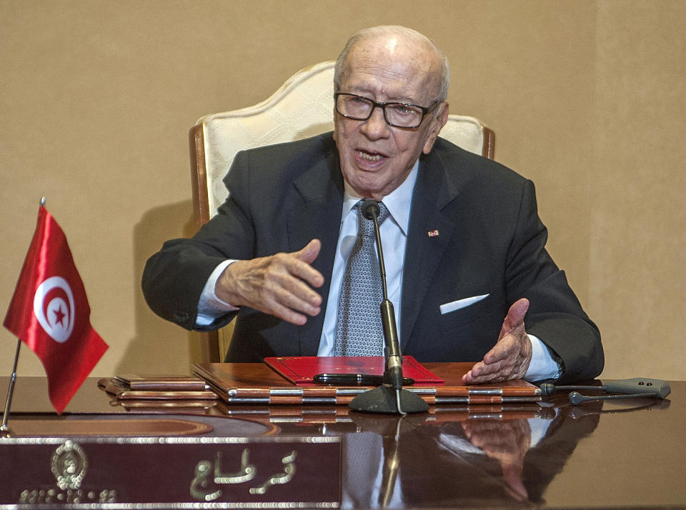 FILE - In this Thursday, Oct. 25, 2018 file photo Tunisian President Beji Caid Essebsi gestures during a press conference in Tunis. Tunisian President Beji Caid Essebsi, the country's first democratically elected leader, has died at 92, his office announced Thursday July 25, 2019. (AP Photo/Hassene Dridi, FILE)