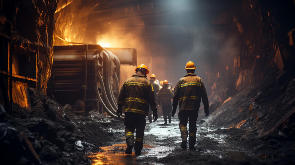 Miners at work in a mine, searching for Uranium and Vanadium.