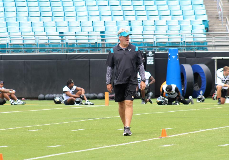 Doug Pederson walks the field during the 2023 Jaguars Rookie Minicamp held at TIAA Bank Field.